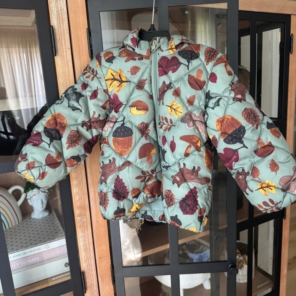 H&M puffer jacket hooded quilted baby boy unisex toddler sage forest animals